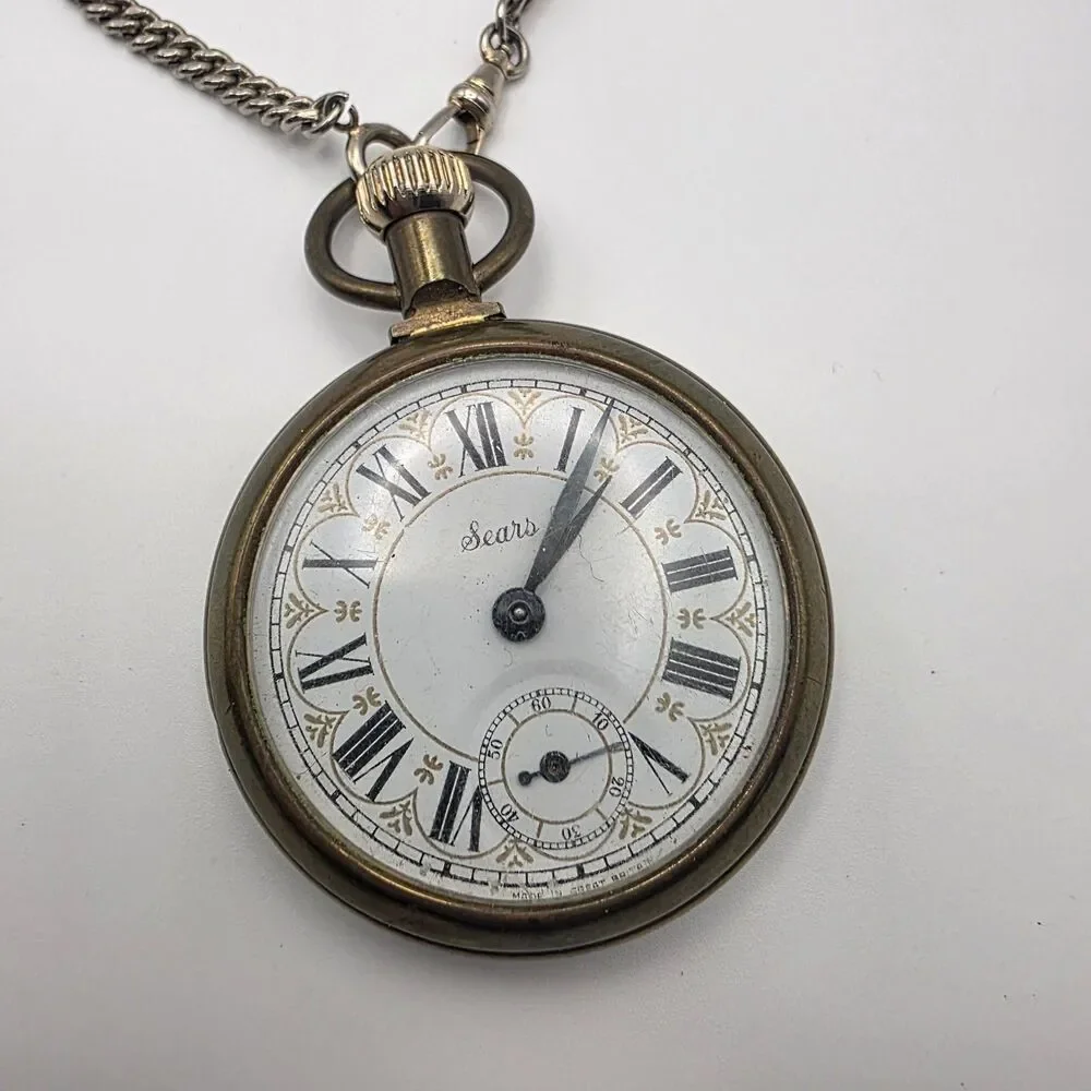 RARE Sears Railroad Brass Pocket Watch Steam Engine With Chain